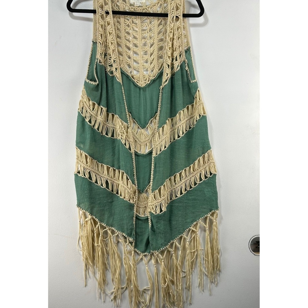 Umgee Boho Fringe Vest Green Cream Crochet Chevron Open Front Sleeveless Medium - Picture 2 of 8